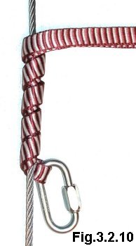 Un altro nodo con fettuccia doppia
del tipo Dynema usato come nodo
bloccante su cavi d’acciaio
con maglia con ghiera
(11478 bytes)
